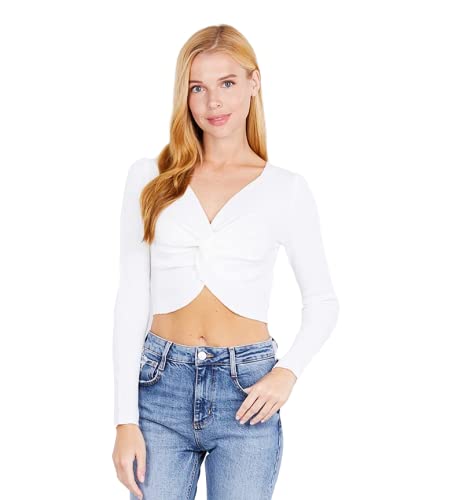 Women's Long Sleeve V Neck Front Knotted Detail Crop Sweater Top
