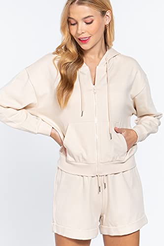Women's Long Sleeve Inner Brushed French Terry Oversized Hoodie Zip Up Jacket
