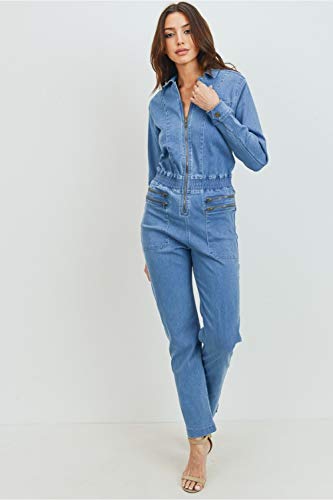 Women's Casual Long Sleeve Denim Jumpsuit Zipper Closure with Smocking details At Waist