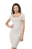 Short Sleeve Scoop Neck Ribbed Stripe Midi Dress