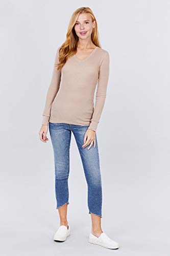 Cotton Blend Thermal V Neck Knit Top for Women Long Sleeves Khaki