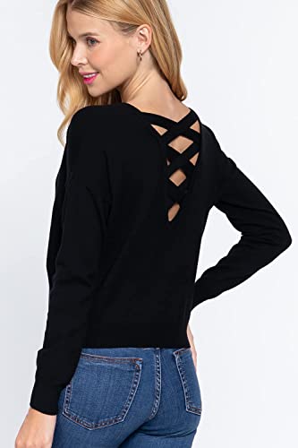Women's Long Sleeve V-Neck Back Cross Strap Viscose Sweater Top