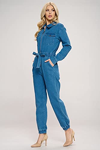Women's Collar Denim Fitted Utility Jumpsuit with Pockets