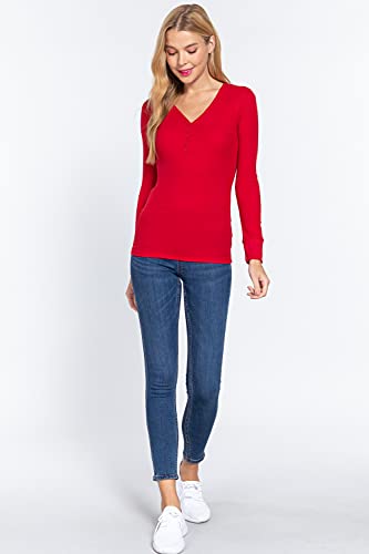 Women's V Neck Long Sleeves Henley Thermal Knit Top
