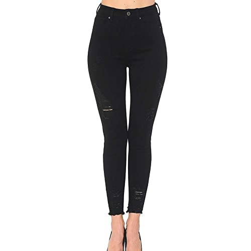 Women's High Rise Skinny 5-Pocket Hem Destruction Light Denim Jeans_0
