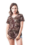 Khanomak Women's Short Sleeve Army V Neck Raw-Cut Pocket Oversized T-Shirt Camo Print Top