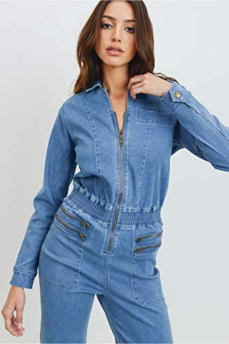 Women's Casual Long Sleeve Denim Jumpsuit Zipper Closure with Smocking details At Waist