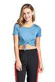 Khanomak Plain Short Sleeve Round Neck With Knotted Front Basic Crop Top