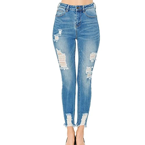 Women's High Rise Skinny 5-Pocket Hem Destruction Light Denim Jeans_0
