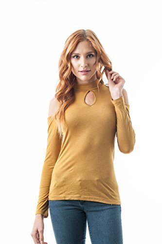 Plain Long Sleeve Open Cold Shoulder Key Hole Mock Neck Top