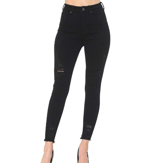 Women's High Rise Skinny 5-Pocket Hem Destruction Light Denim Jeans_0