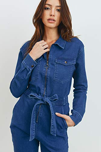 Women's Collar Denim Fitted Utility Jumpsuit with Pockets