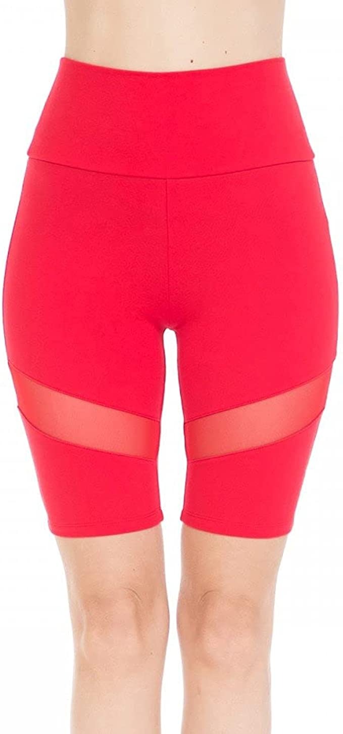 Women's High Waisted Body Contour Biker Shorts with Diagonal Mesh Inset