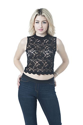 Khanomak Sleeveless Lace Sheer Mock Neck Crop Top