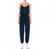 Womens-French Terry Button-Front Elastic Cuff Knit Cami Lounge Jumpsuit