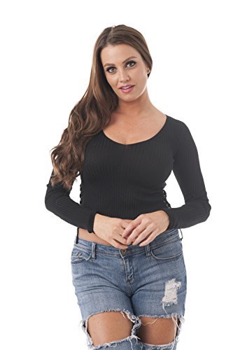 Khanomak Long Sleeve Ribbed V Neck Crop Top With Lace up On Sides