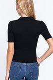 Womens-V Neck Notched Collar Ribbed Knit Top