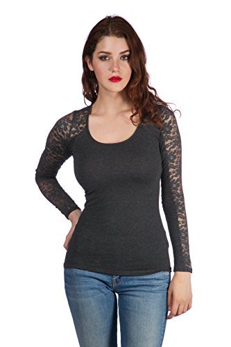 Long sleeve top with lace insert on sleeves and back yoke Plus Size