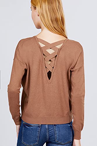 Women's Long Sleeve V-Neck Back Cross Strap Viscose Sweater Top