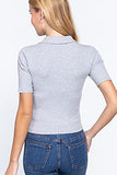 Womens-V Neck Notched Collar Ribbed Knit Top