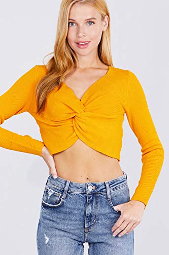 Women's Long Sleeve V Neck Front Knotted Detail Crop Sweater Top