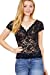Khanomak Women's Shirring Stretch V-Neck Short Sleeve Lace Top