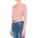 Women's Brushed Hacci Rib Button Front V-Neck Long Sleeve Crop Top