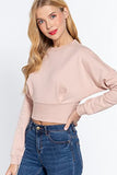 Women's Long Dolman Sleeve Crew Neck Waist Band Inner Fleece Terry Top