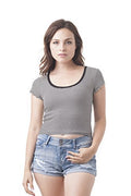 Khanomak Short Sleeve Ribbed Stripe Scoop Neck Crop Top