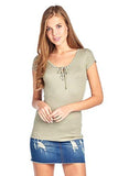 Short Cap Sleeve Ribbed V Neck Self Tie Lace Up Casual Top