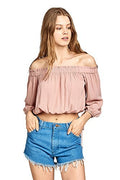 3/4 Drawstring Sleeve Elasticized Off-The-Shoulder Neckline Crinkle Crop Top