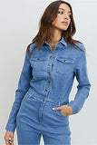 Women's Collar Denim Fitted Utility Jumpsuit with Pockets