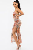 Women's Floral Printed Drawstring Ruched Side Slit Open Back Maxi Dress
