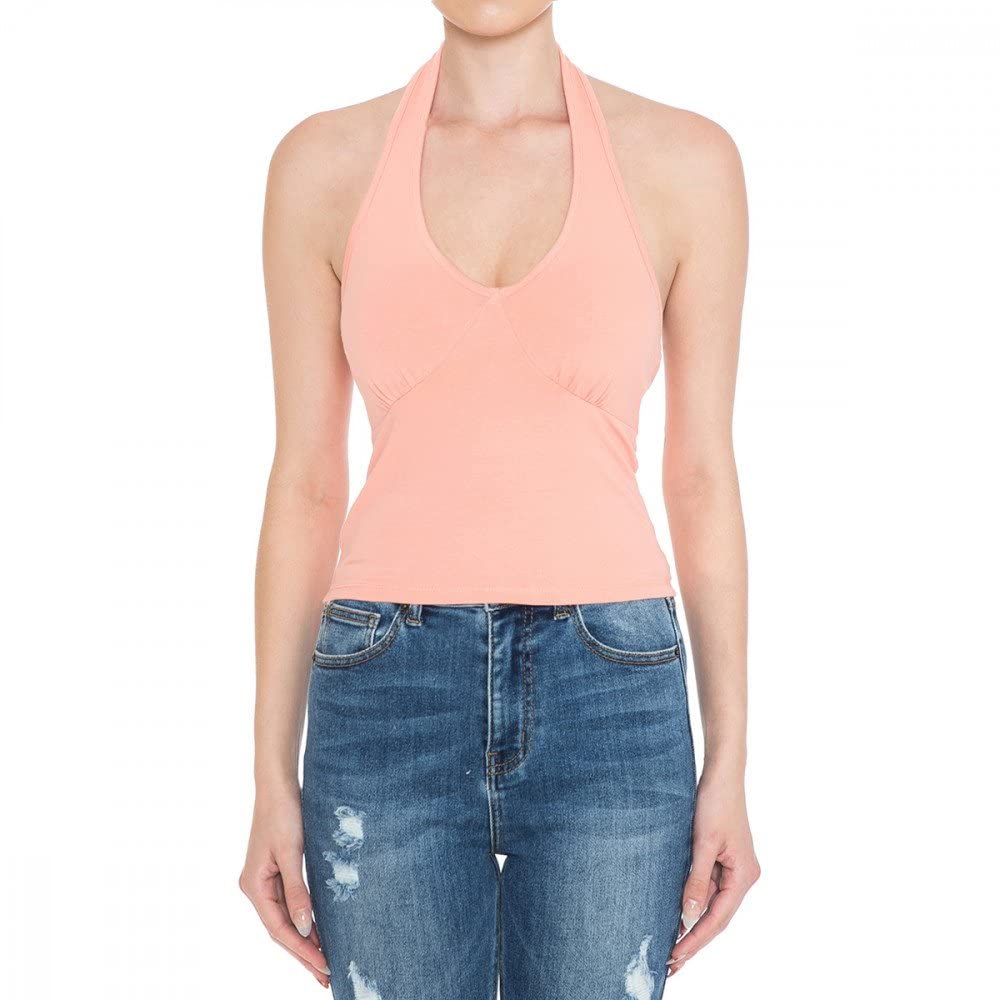 Khanomak Women's Casual Sleeveless Sexy Backless Empire Healter V-Neck Crop Top