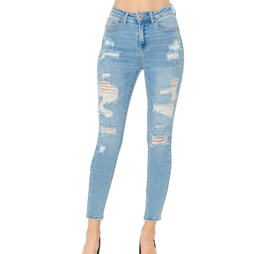 Women's High Rise Skinny 5-Pocket Hem Destruction Light Denim Jeans_0