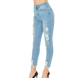 Women's High Rise Skinny 5-Pocket Hem Destruction Light Denim Jeans_0
