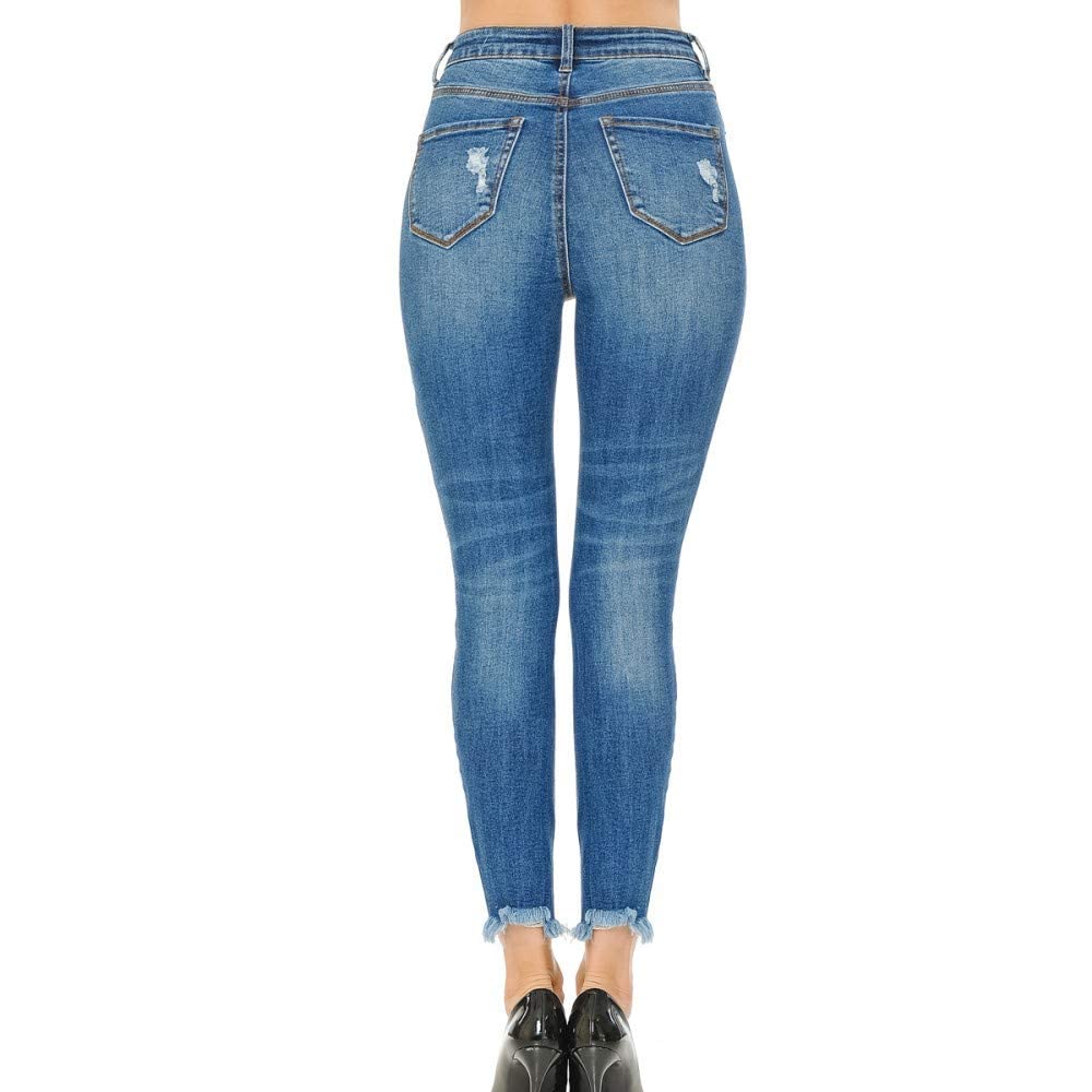 Women's High Rise Skinny 5-Pocket Hem Destruction Light Denim Jeans_0