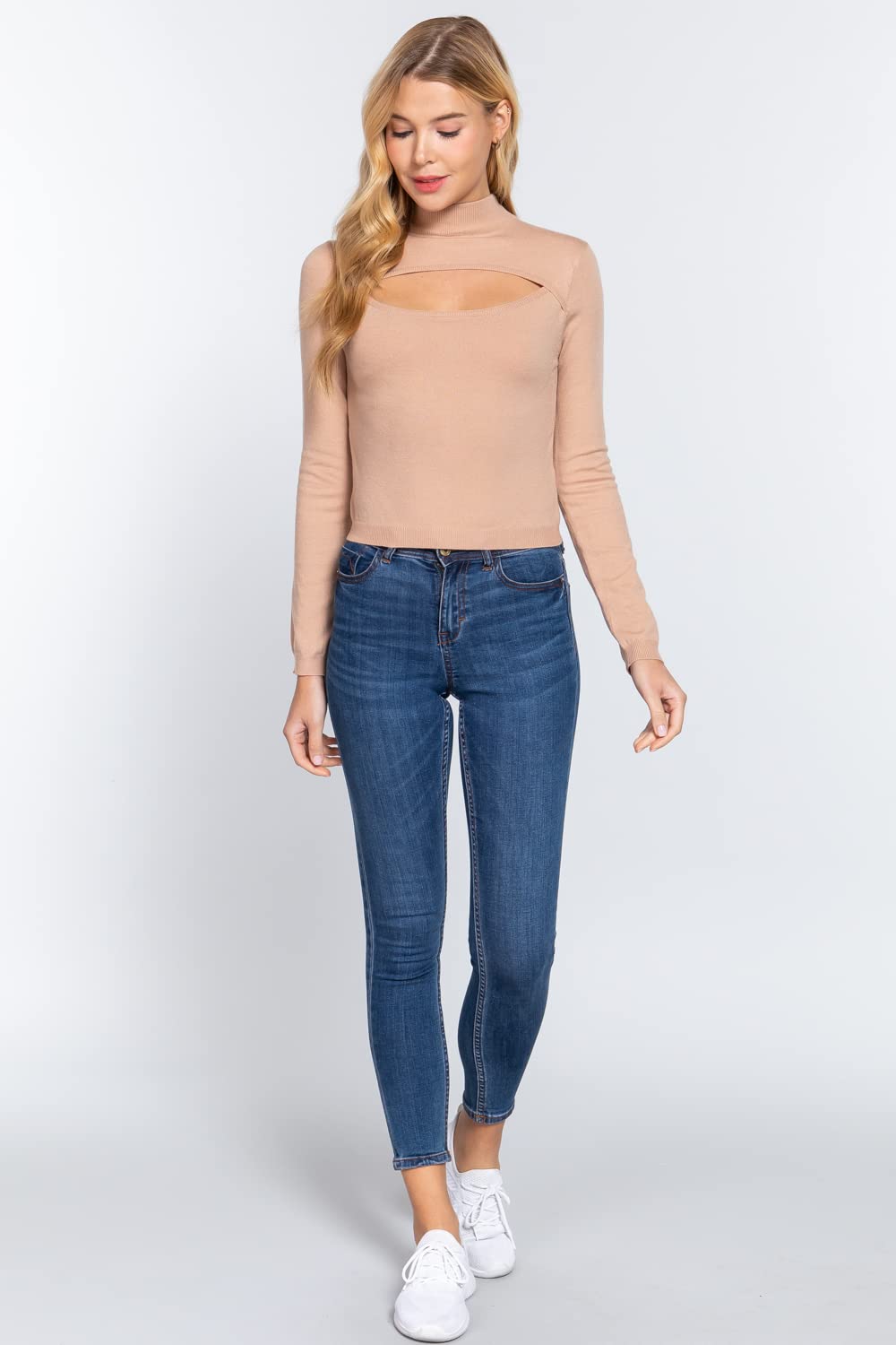 Women's Long Sleeves Mock Neck Front Cut Out Keyhole Sweater