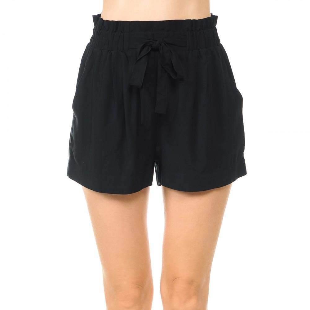 Khanomak Women's Tie-Front High Paperbag Waist Woven Pull-On Shorts