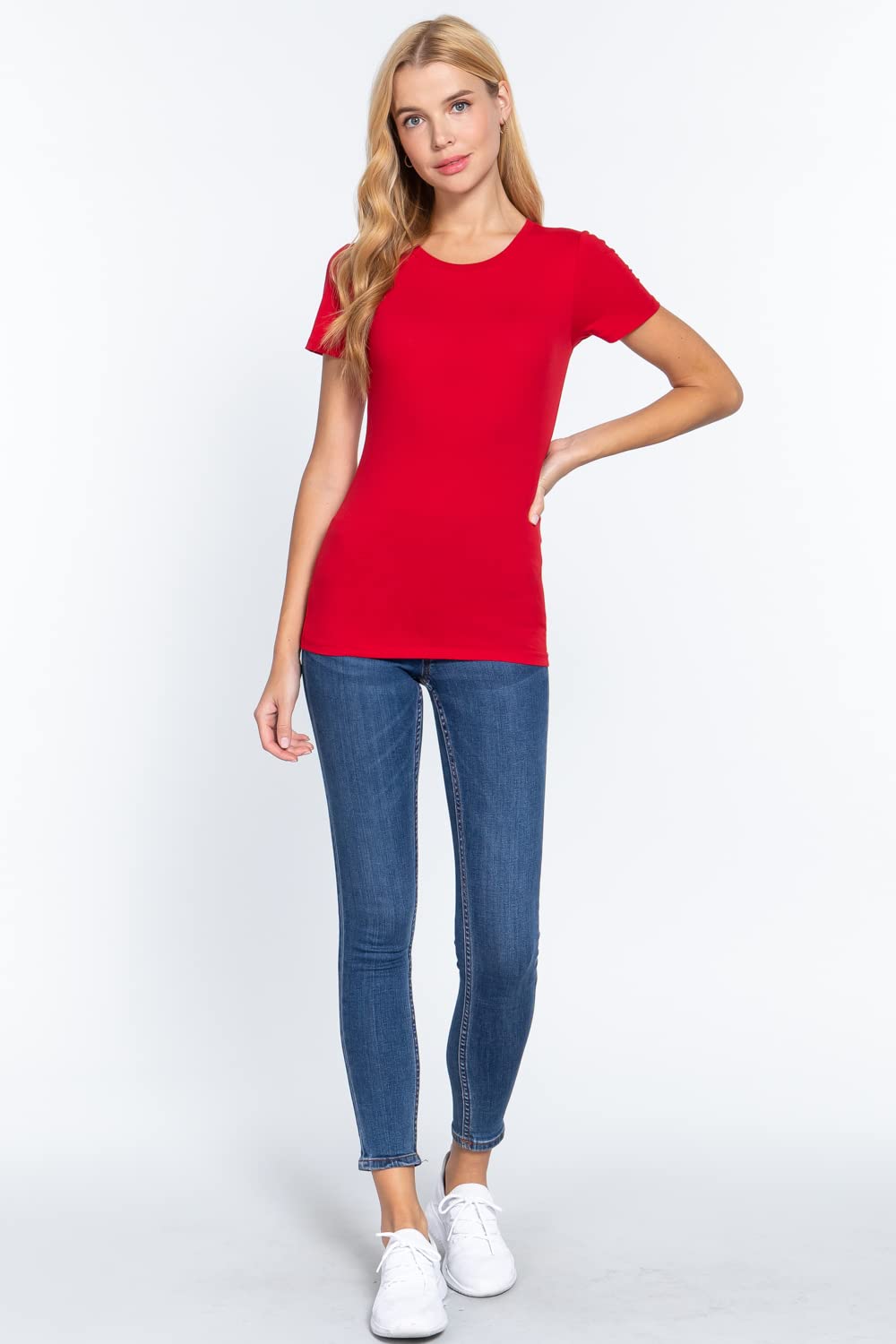 Khanomak Women's Short Sleeves Crew Neck Cotton Spandex Jersey Top