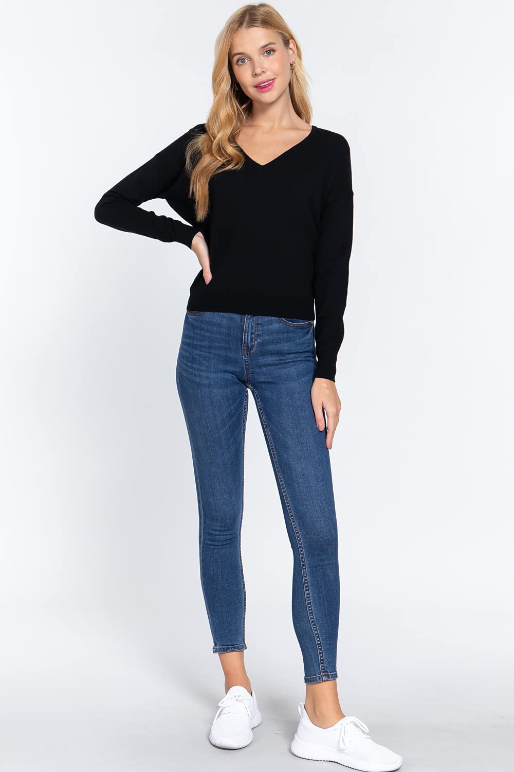 Women's Long Sleeve V-Neck Back Cross Strap Viscose Sweater Top