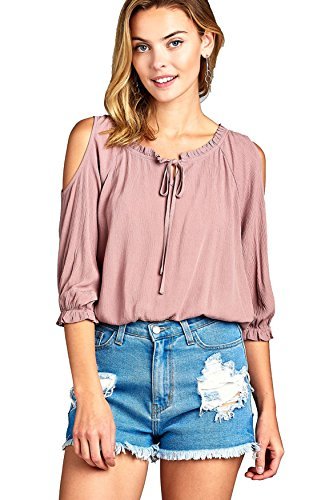 3/4 Sleeve Cold Shoulder Smoked Waist Ruffle Self Tie Neck Cuff Sleeve Crinkle Top