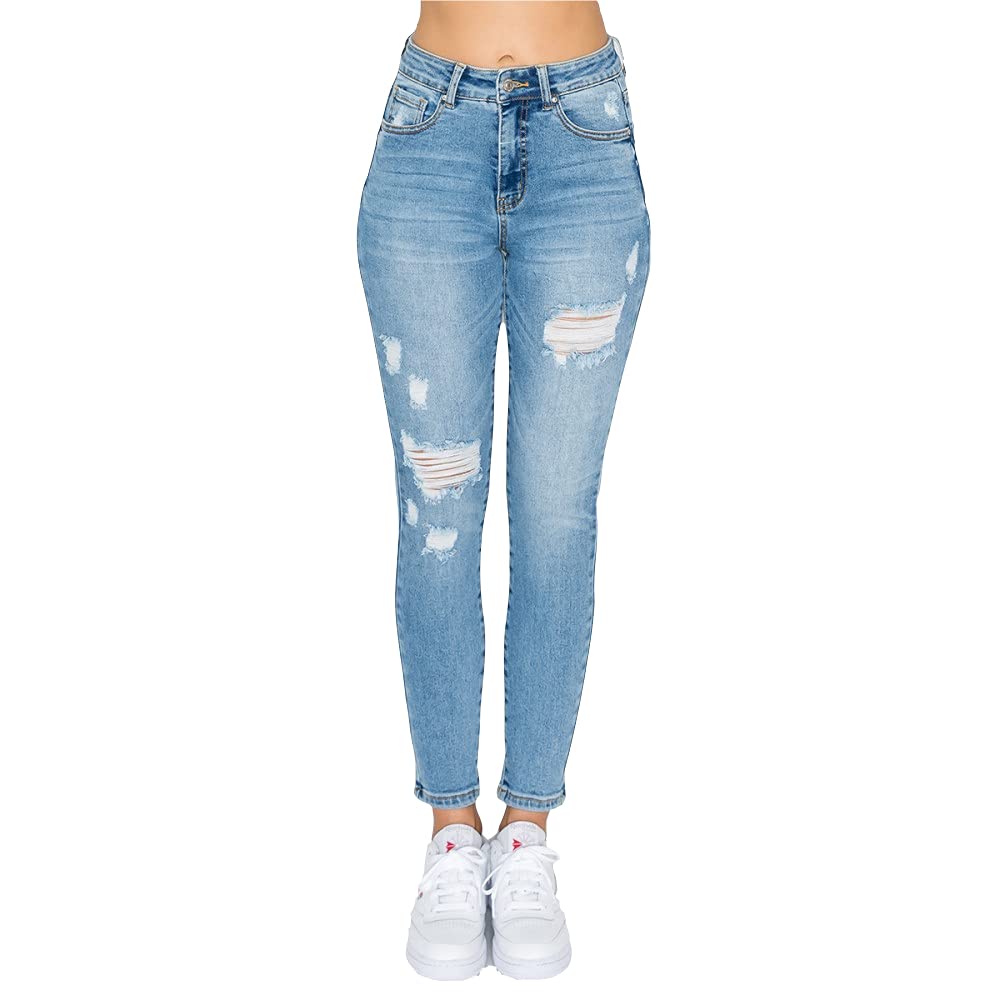 Womens- High Rise Authentic Distressed Denim Skinny Jeans