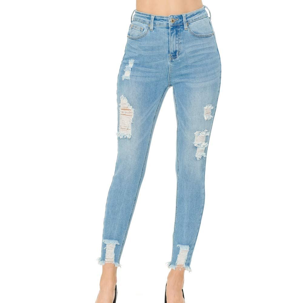 Women's High Rise Skinny 5-Pocket Hem Destruction Light Denim Jeans_0