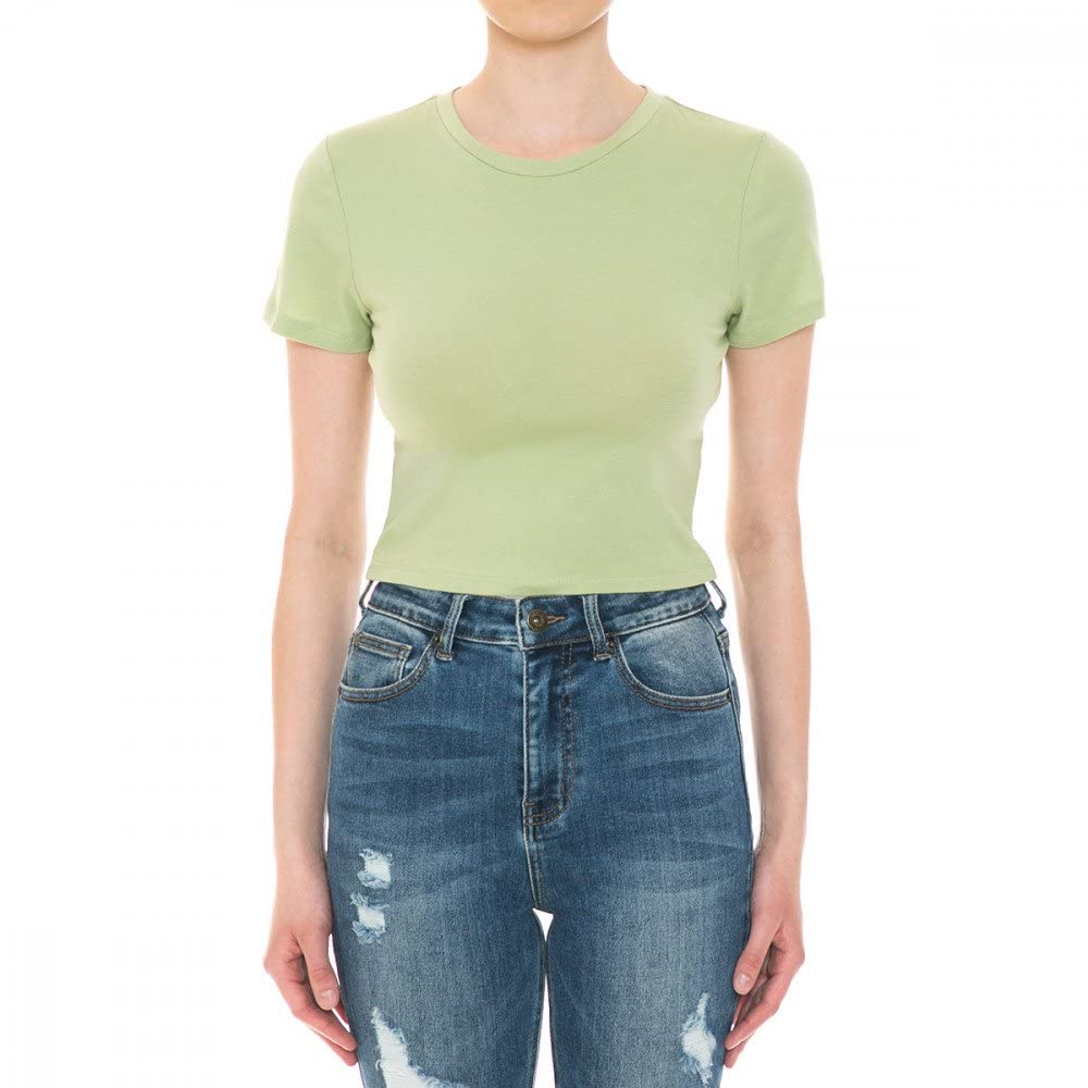 Khanomak Women's Crew Neck Short Sleeve Casual Summer Solid Workout Crop Tee