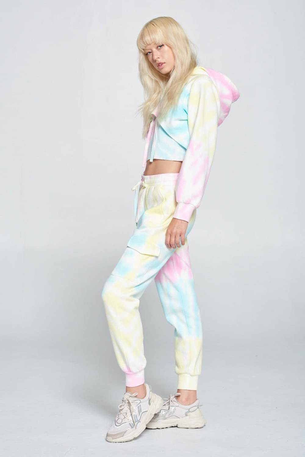 Womens- Tie Dye Long Sleeve Workout Crop Top Sweatshirt French Terry Jogger Hoodie