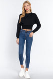 Women's Long Dolman Sleeve Crew Neck Waist Band Inner Fleece Terry Top