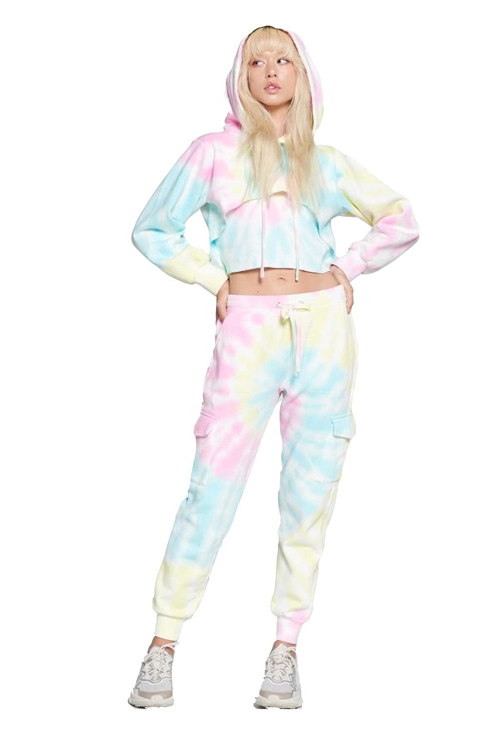 Womens- Tie Dye Long Sleeve Workout Crop Top Sweatshirt French Terry Jogger Hoodie