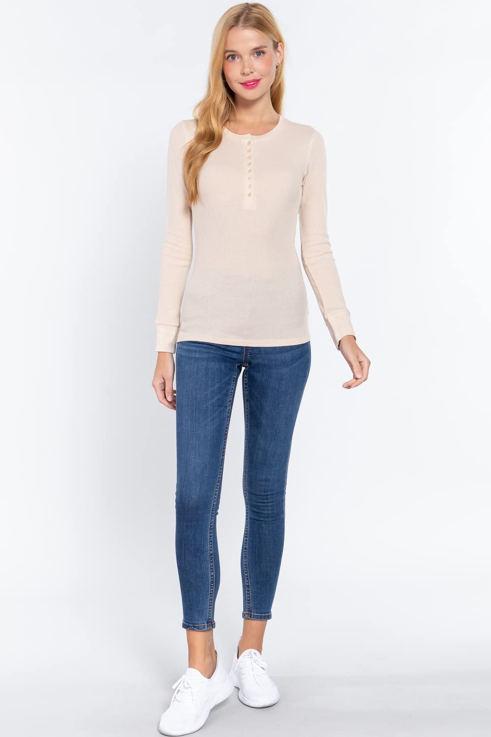 Women's Round Neck Long Sleeves Henley Thermal Knit Top