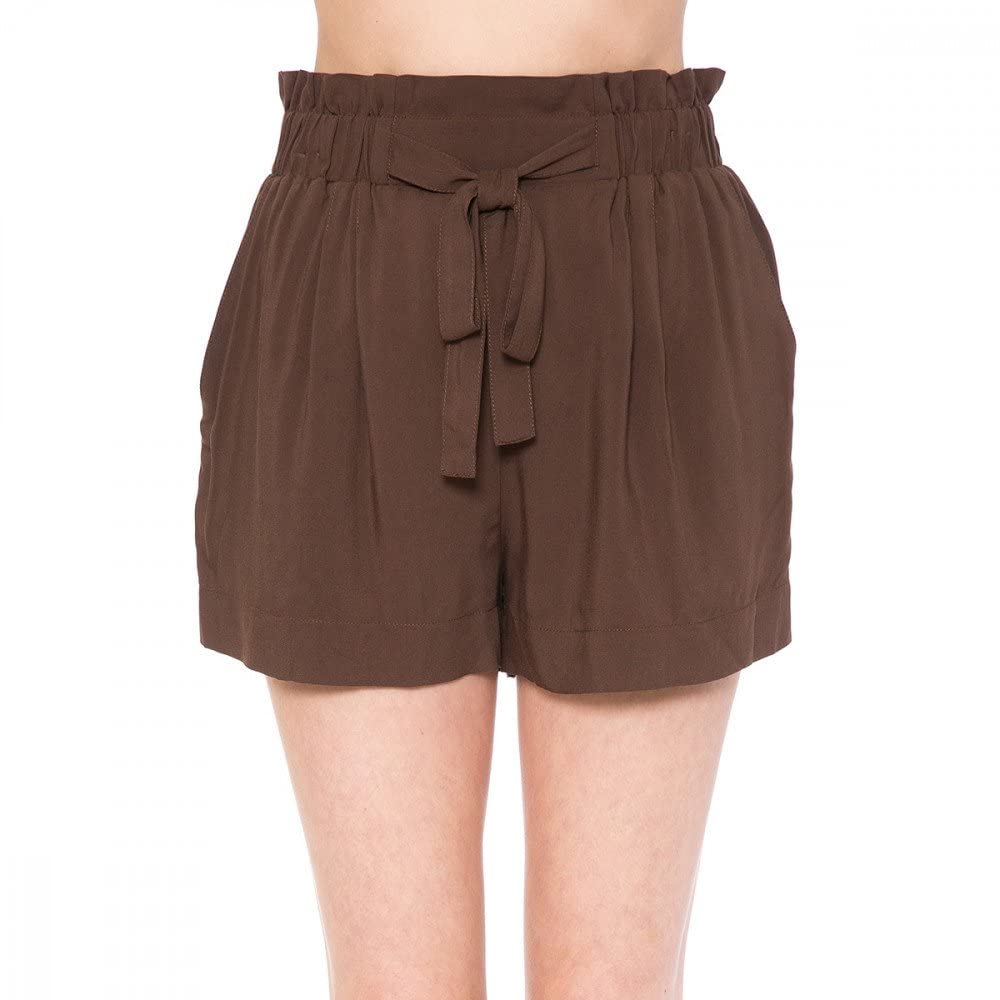 Khanomak Women's Tie-Front High Paperbag Waist Woven Pull-On Shorts